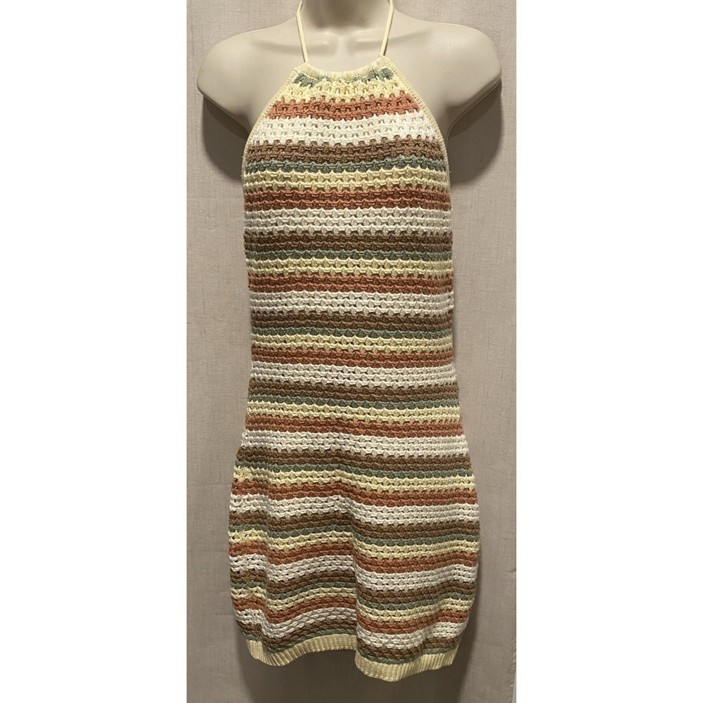 Promesa Crocheted, Lined Halter Dress Women's Size Medium Striped Earth Tones